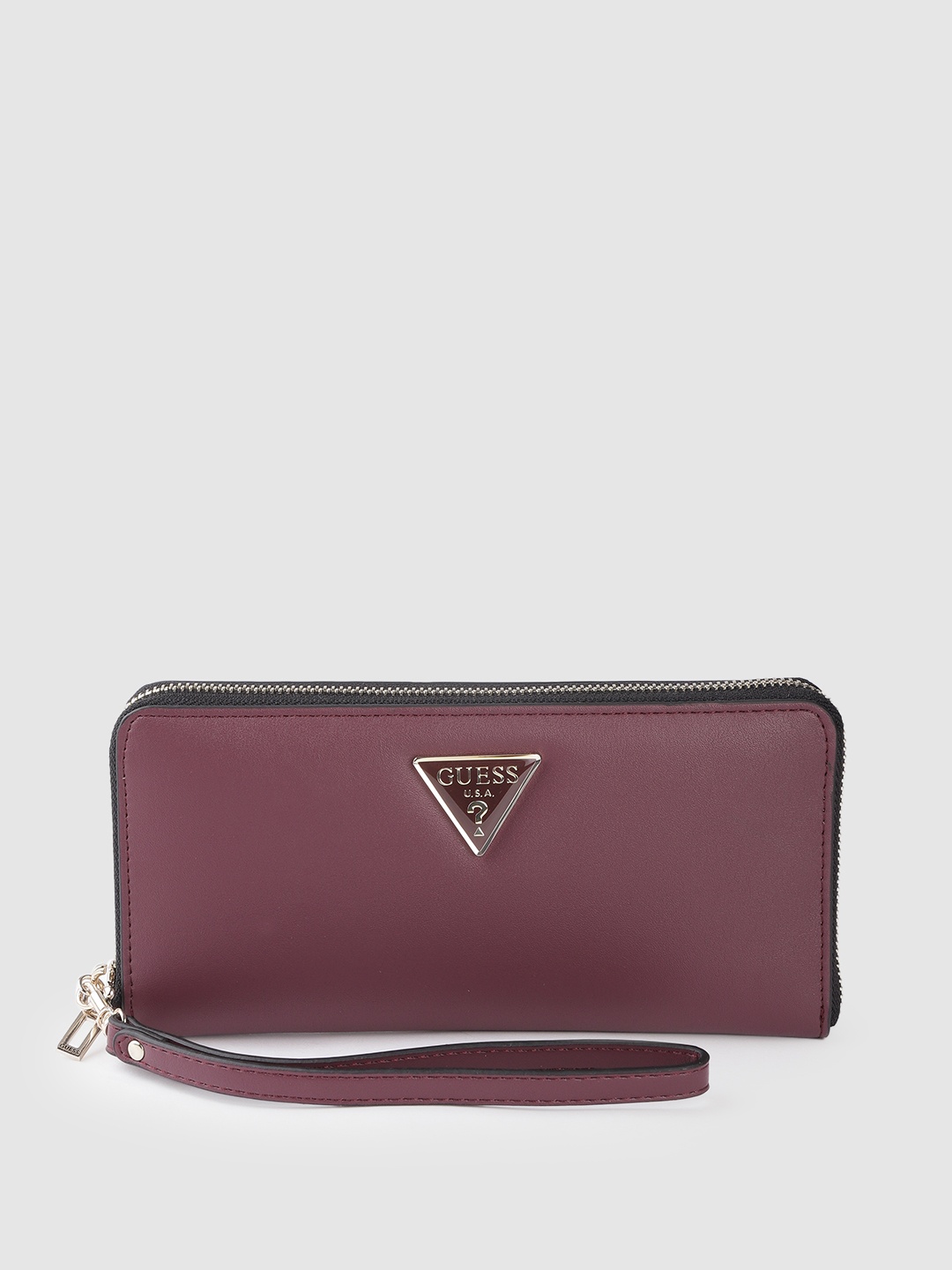 

GUESS Women Aubergine Solid Zip Around Wallet with Wrist Loop, Purple