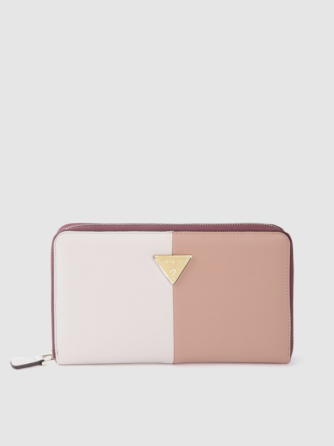 

GUESS Women Beige & Off White Colourblocked Zip Around Wallet