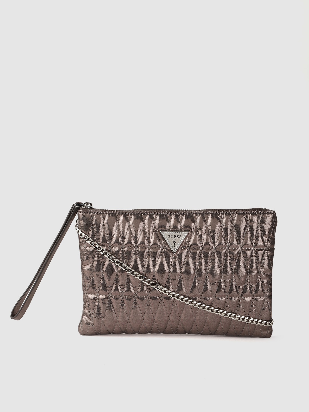 

GUESS Gunmetal-Toned Quilted Sheen Effect Clutch with Wrist Loop & Detachable Sling Strap, Metallic