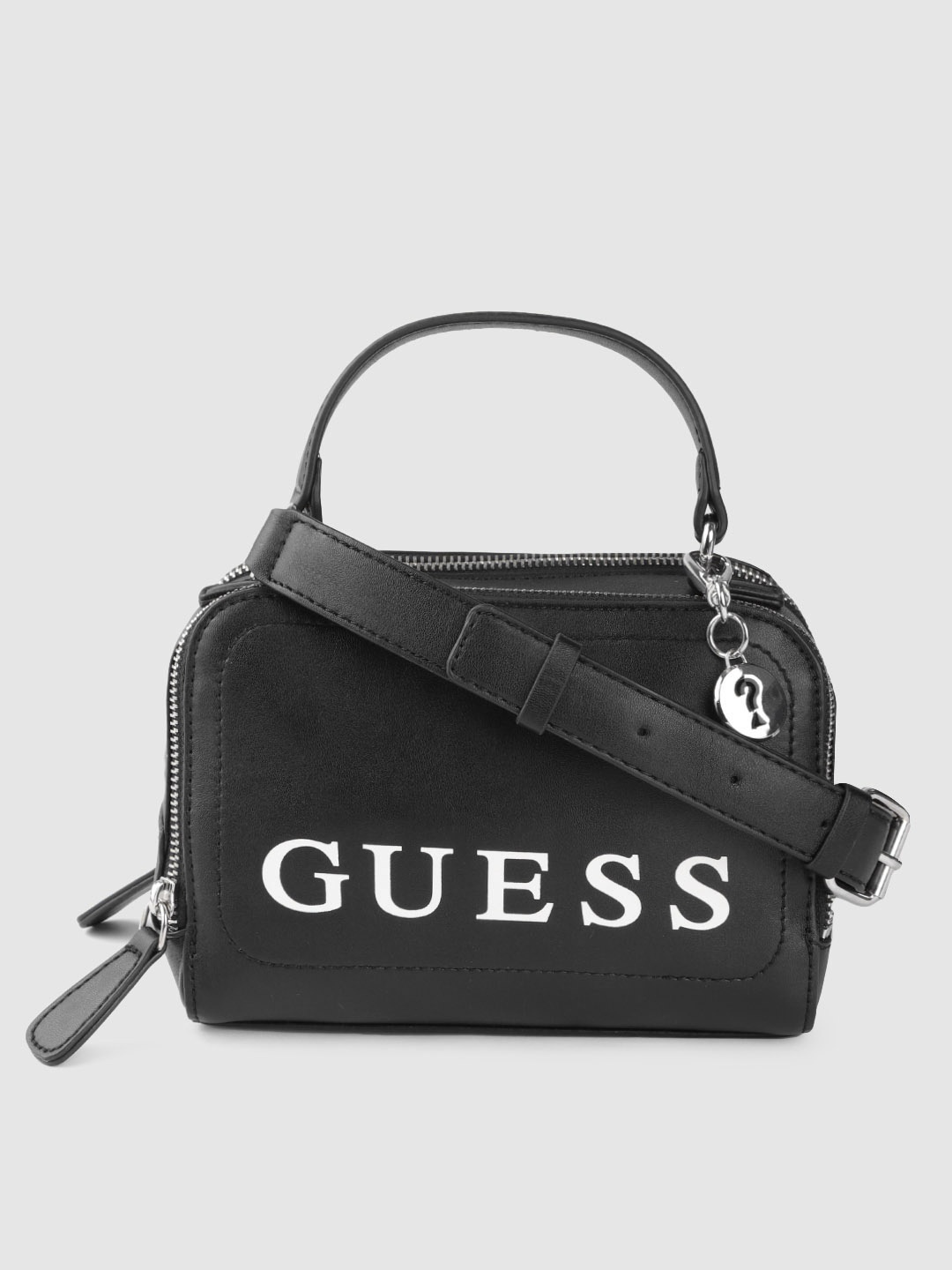 

GUESS Black & White Brand Logo Printed Handheld Bag with Tab & Detachable Sling Strap