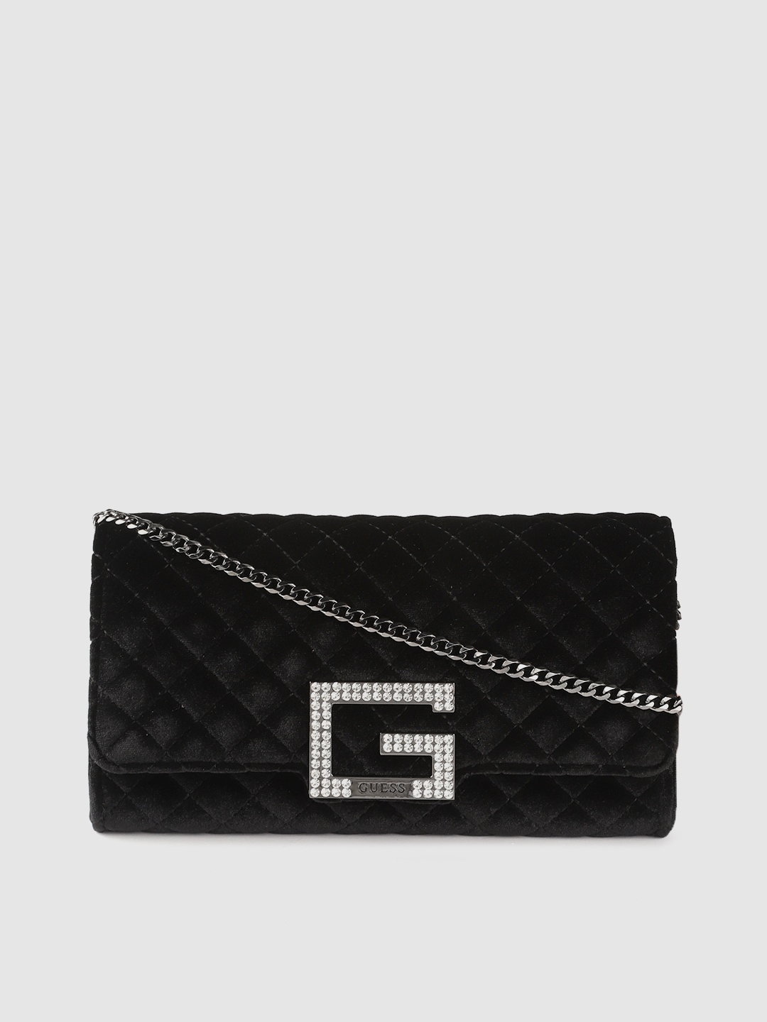 

GUESS Black Quilted Velvet Finish Clutch with Detachable Sling Strap