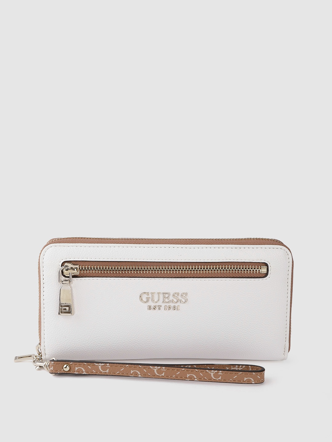 

GUESS Women Off White Solid Zip Around Wallet with Wrist Loop