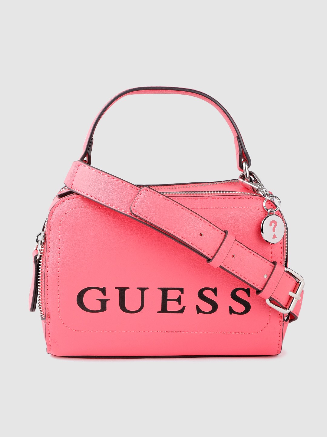 

GUESS Pink & Black Brand Logo Print Structured Handheld Bag