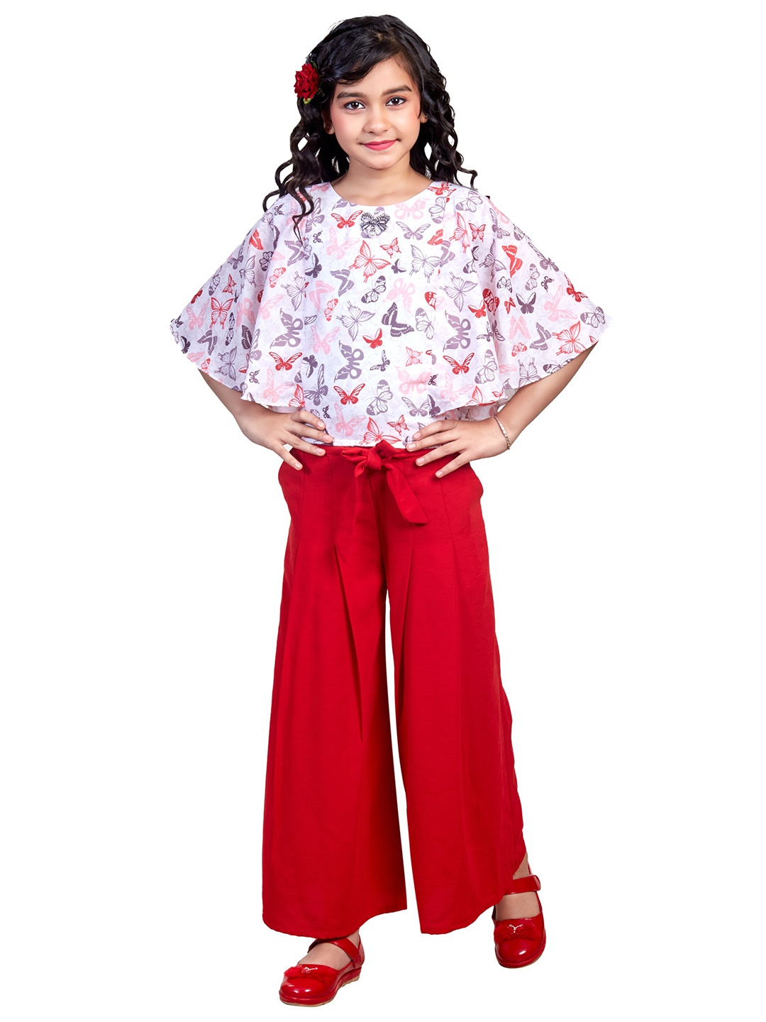 

Nottie Planet Girls Red & White Printed Top with Palazzos