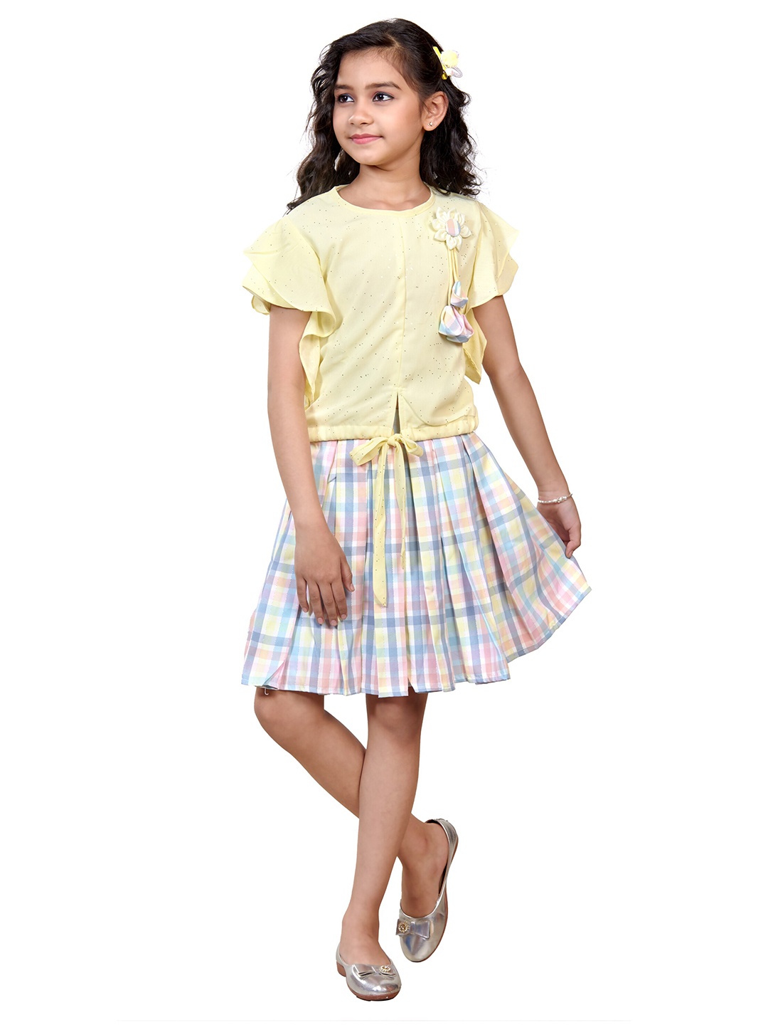 

Nottie Planet Girls Yellow & White Check Printed Top with Skirt