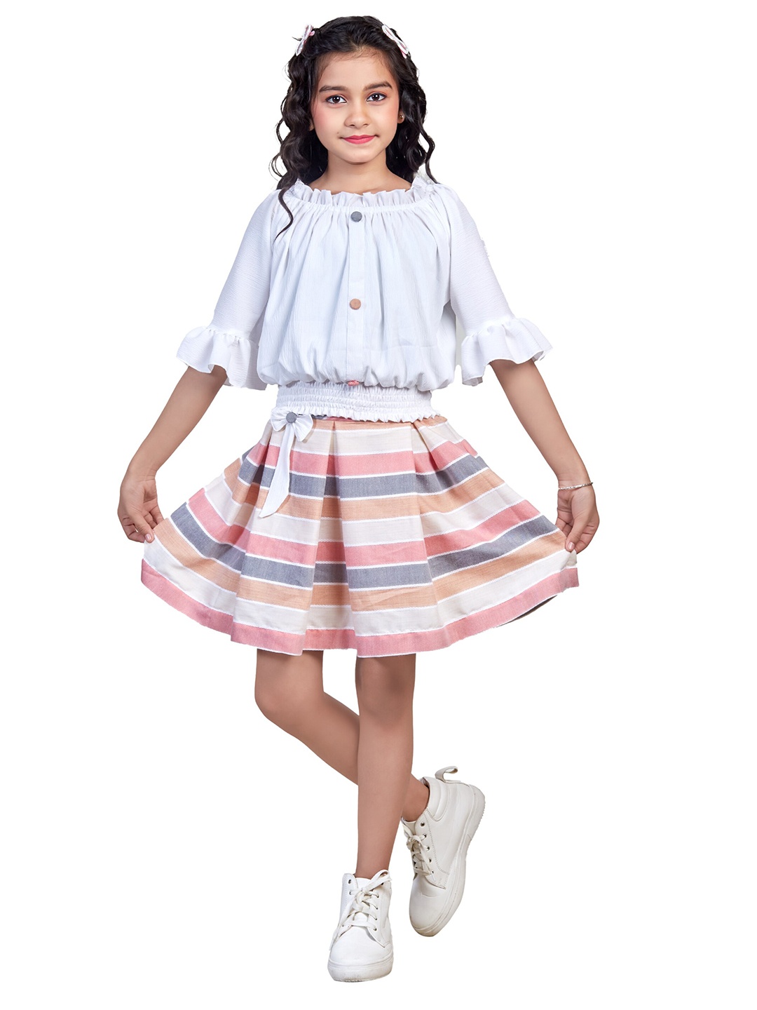 

Nottie Planet Girls Coral & White Striped clothing set Set
