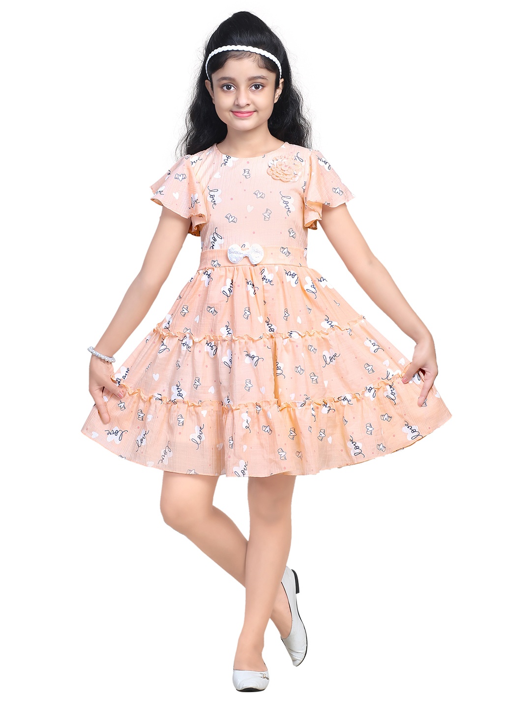 

Nottie Planet Peach-Coloured Floral Printed Fit & Flared Dress