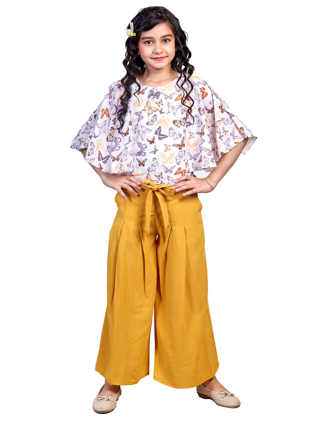 

Nottie Planet Girls Mustard & White Butterfly Printed Poncho Top Co-Ord Set