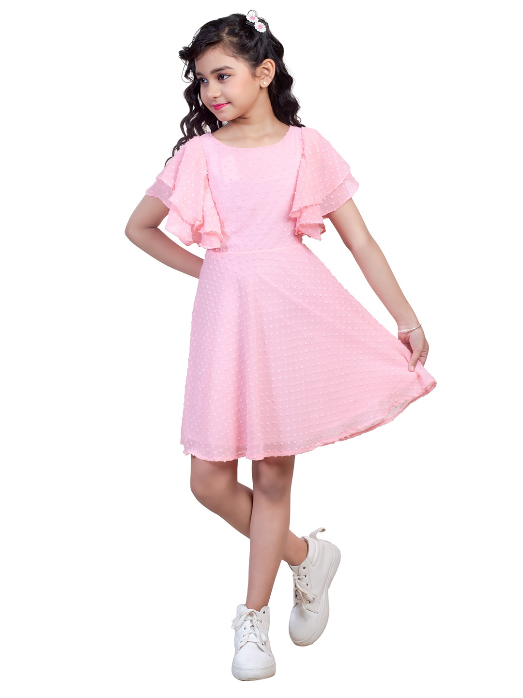 

Nottie Planet Girls Pink Self Design Round Neck Fit & Flare Dress
