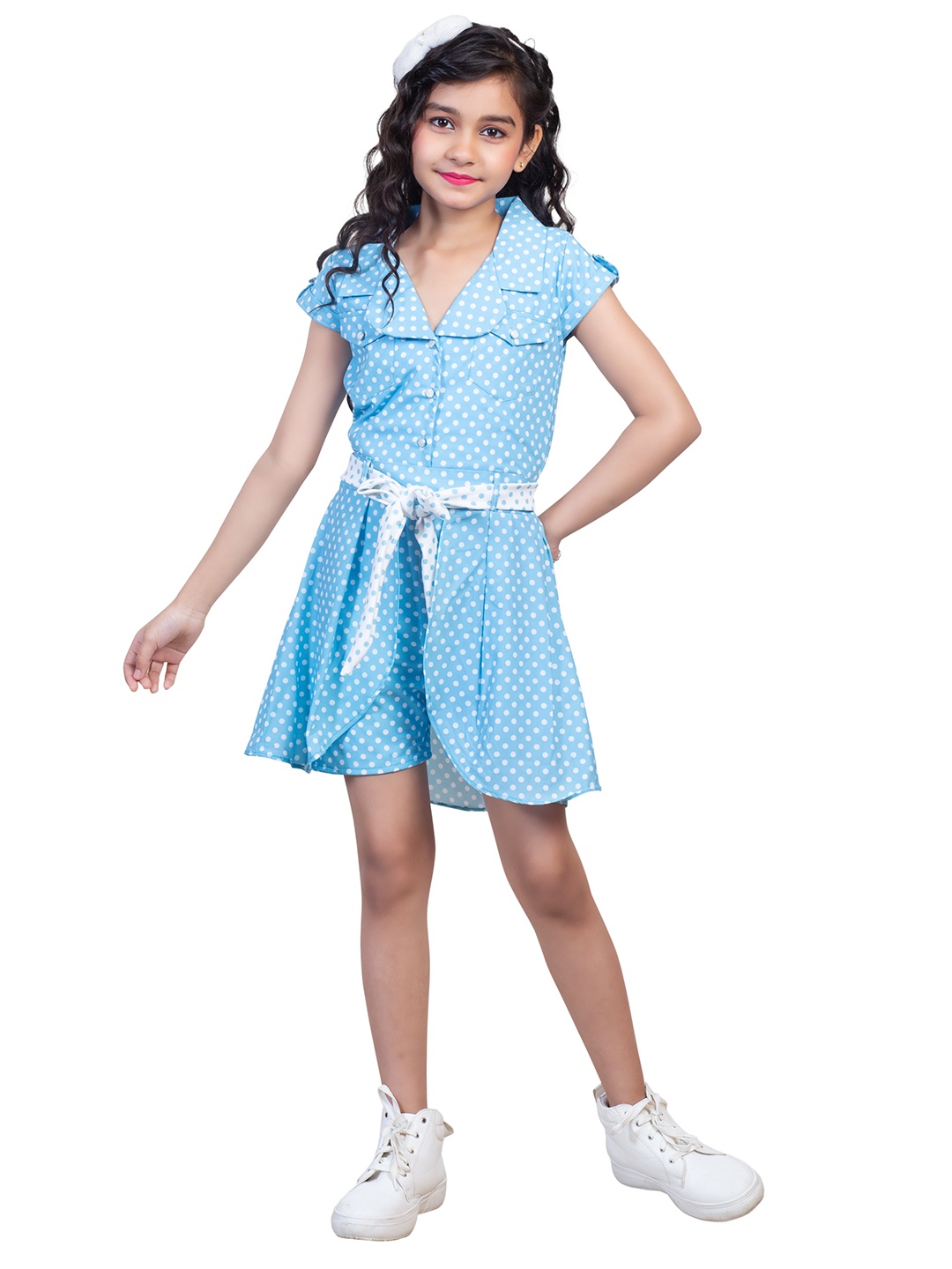 

Nottie Planet Girls Blue & White Polka Dots Printed Fit & Flare Dress