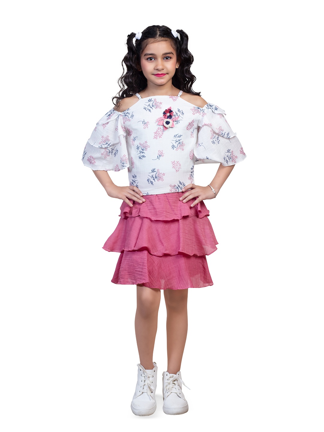 

Nottie Planet Girls White & Purple Printed Top with Skirt