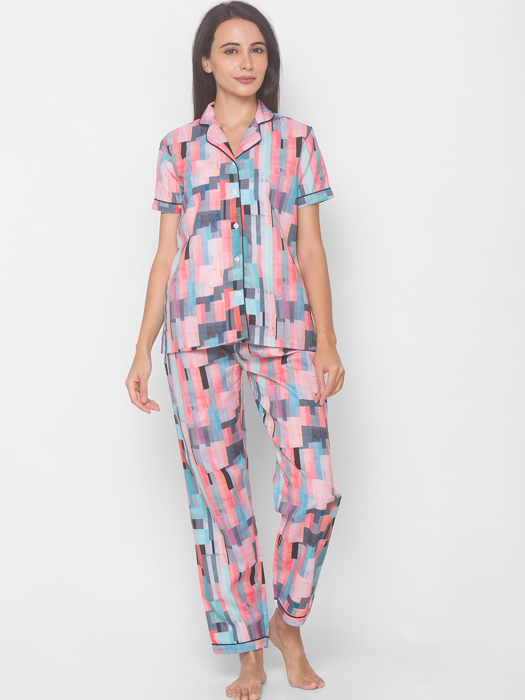 

FashionRack Women Cotton Pink & Turquoise Blue Abstract Printed Shirt Night suit