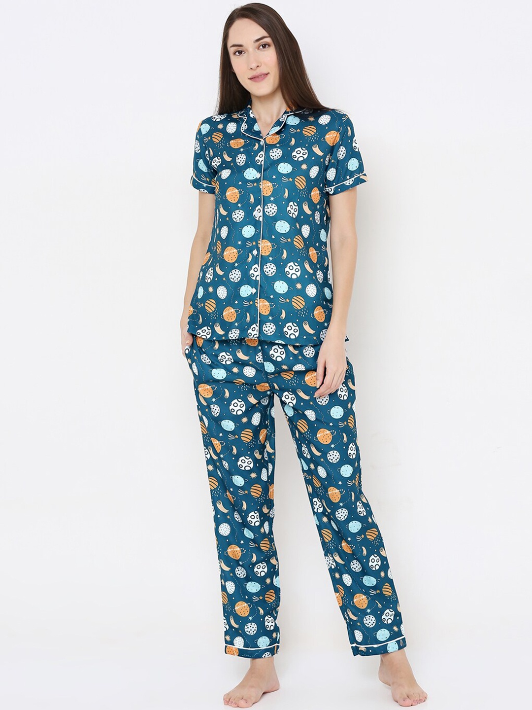 

FashionRack Women Navy Blue & Orange Printed Short Sleeves Night Suit