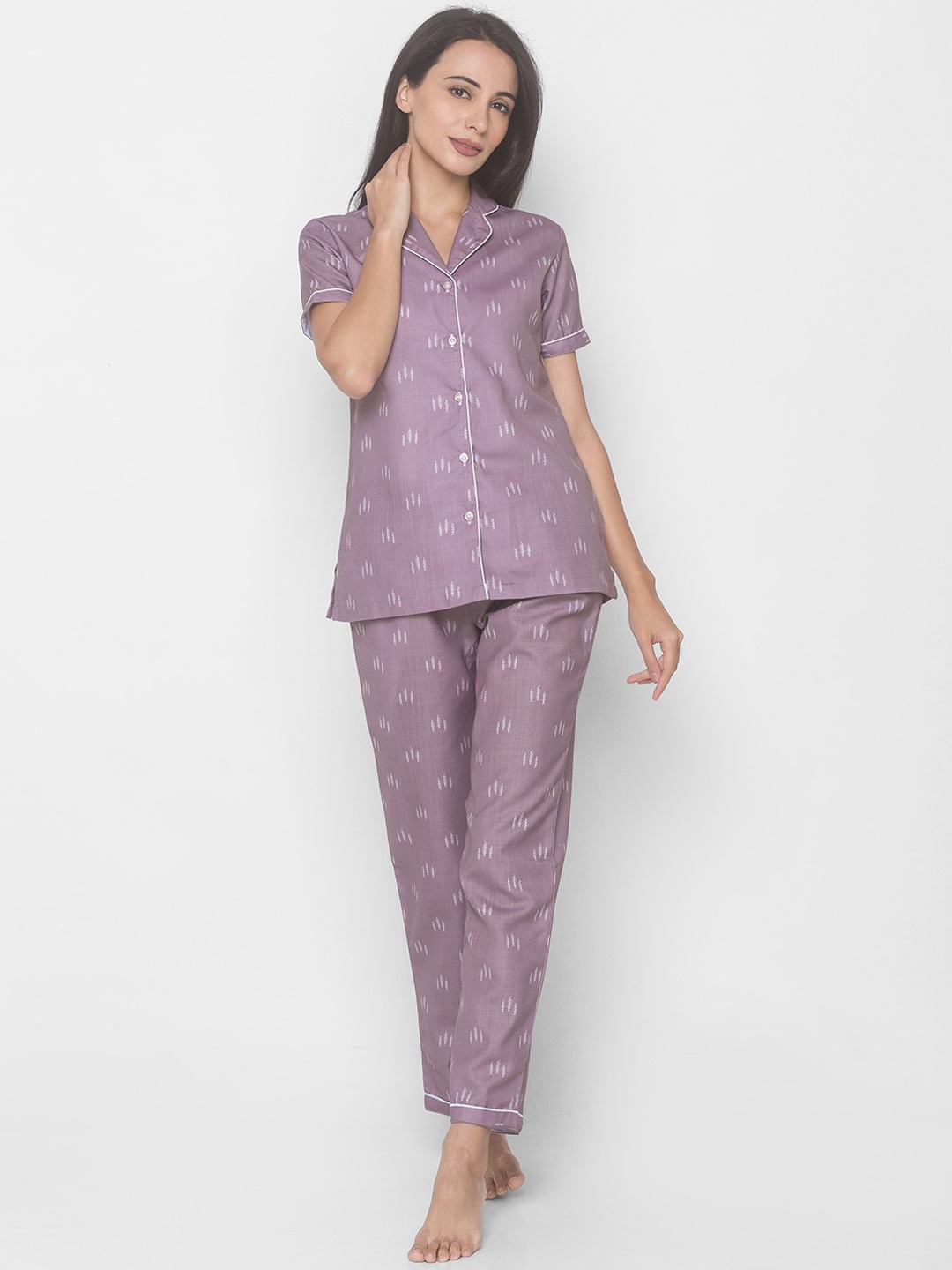 

FashionRack Women Cotton Purple & White Arrow Printed Shirt Night suit