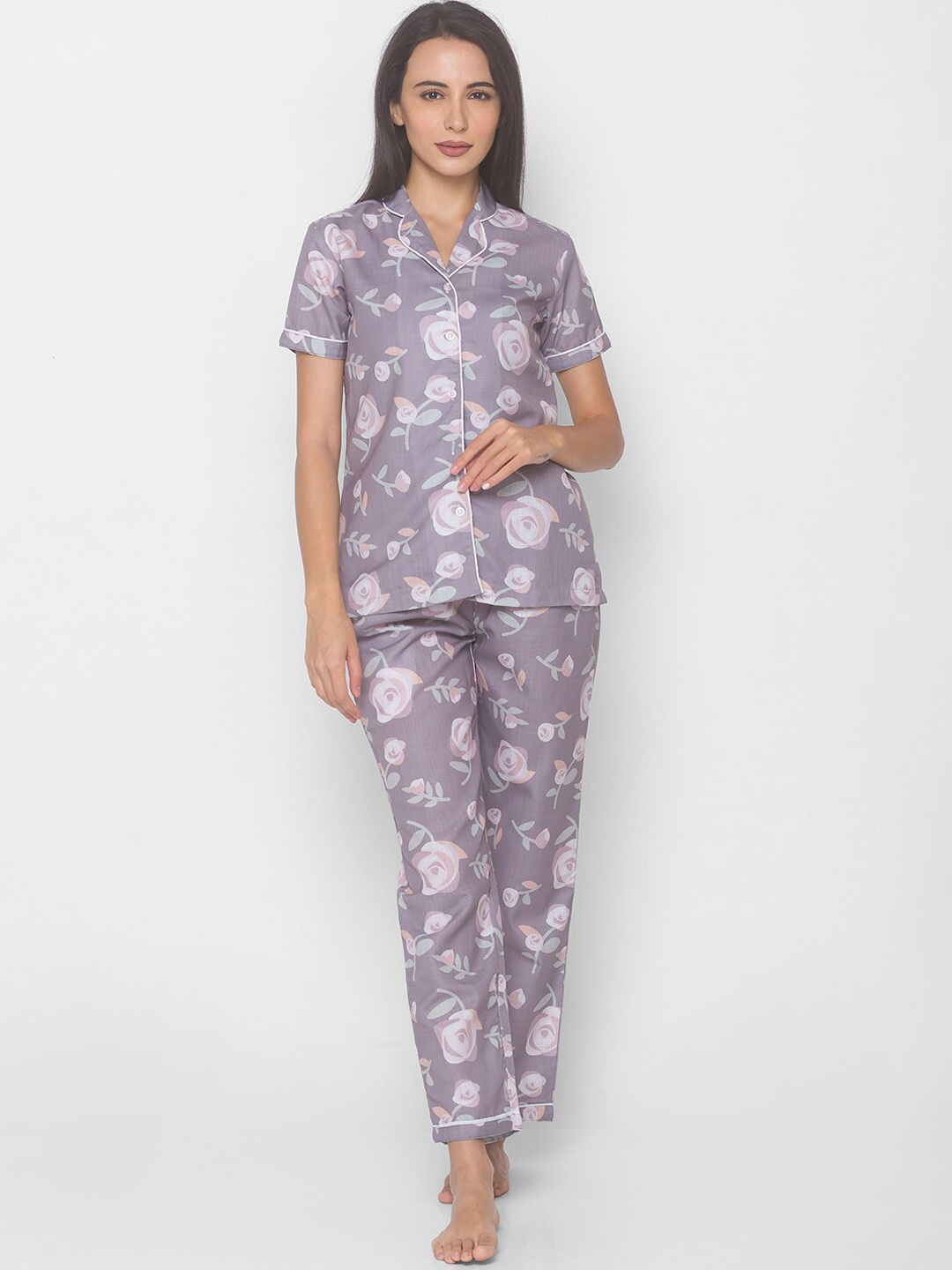 

FashionRack Women Cotton Purple & White Floral Printed Shirt Night suit