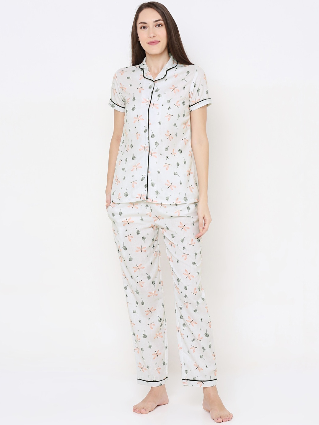 

FashionRack Women Cotton Cream-Coloured & Coral Dragonfly Printed Shirt Night suit