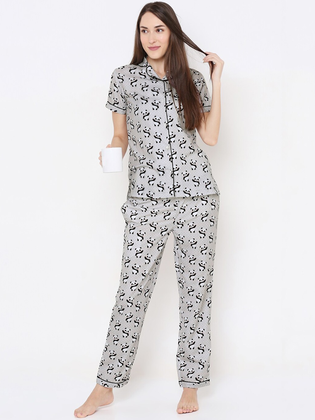 

FashionRack Women Grey & Black Printed Pure Cotton Night suit