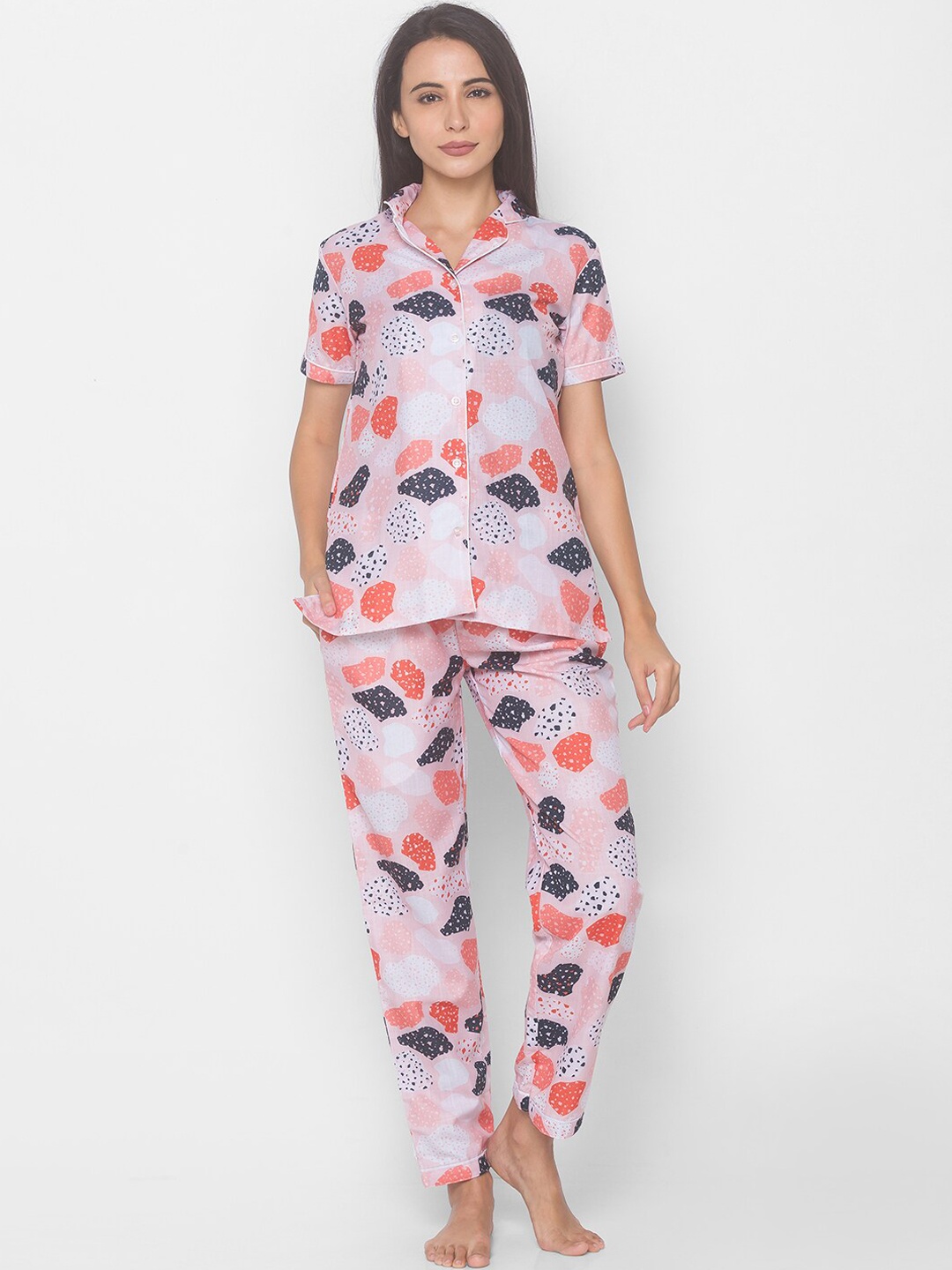 

FashionRack Women Pink & Peach-Coloured Printed Short Sleeves Night Suit