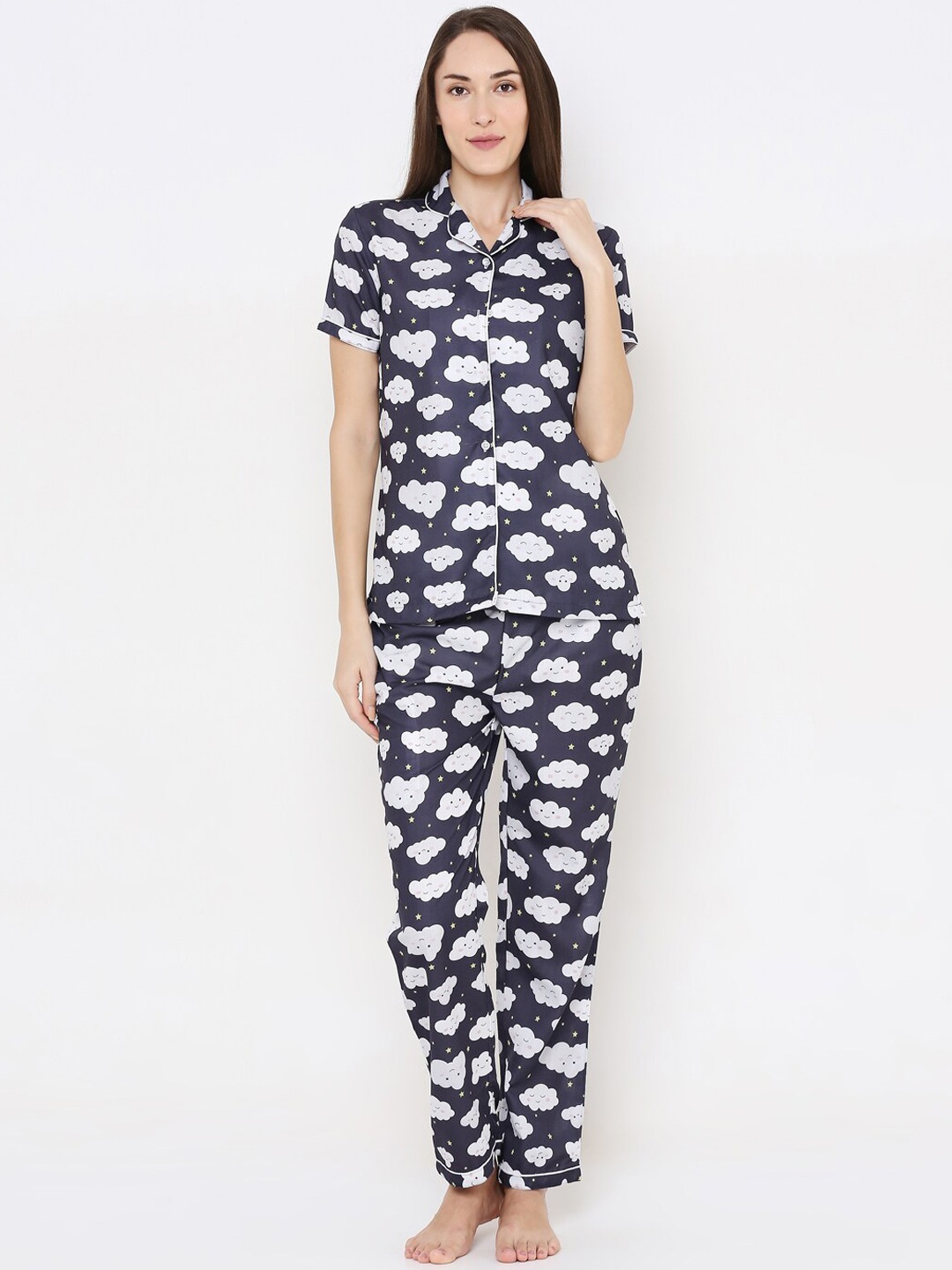 

FashionRack Women Navy Blue & White Printed Night suit