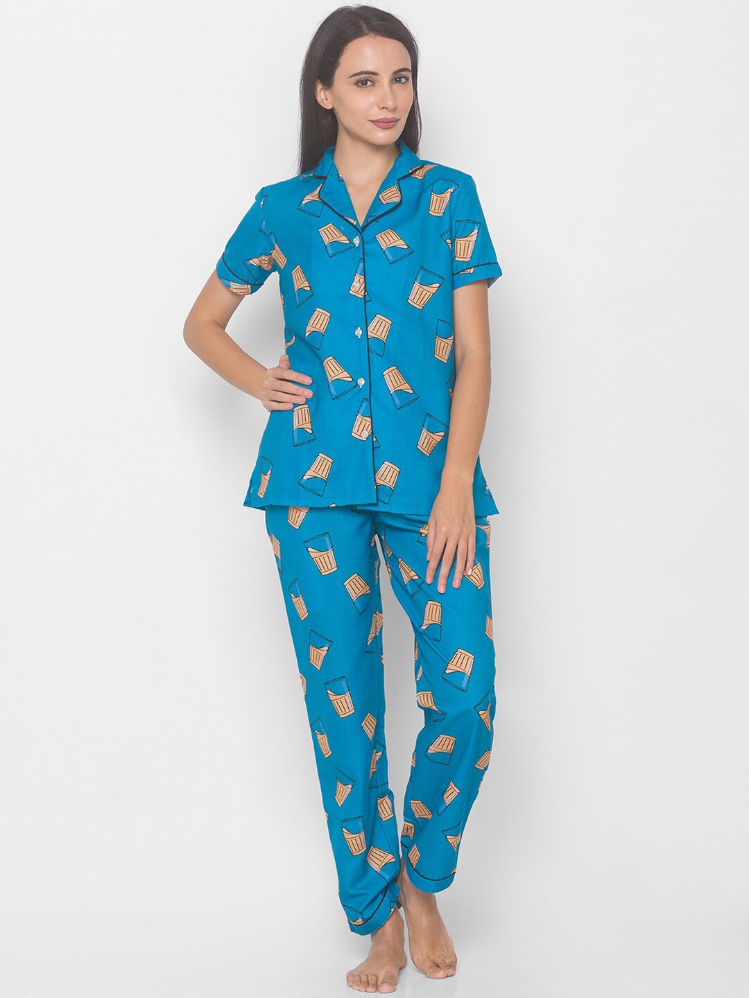 

FashionRack Women Blue & Camel Brown Printed Night Suit