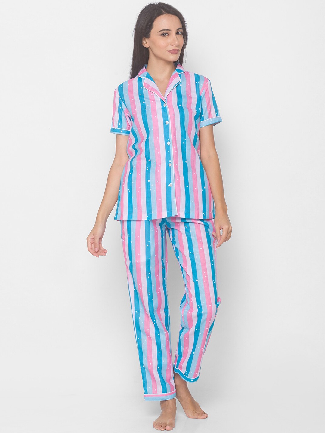 

FashionRack Women Cotton Pink, White & Blue Striped Shirt Night suit