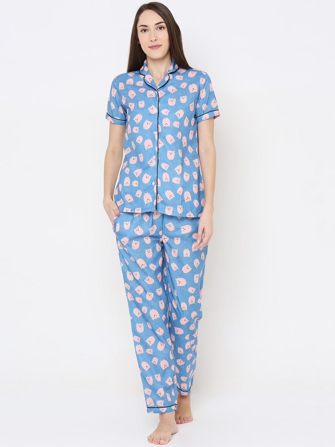 

FashionRack Women Blue & Pink Printed Short Sleeves Pure Cotton Night Suit