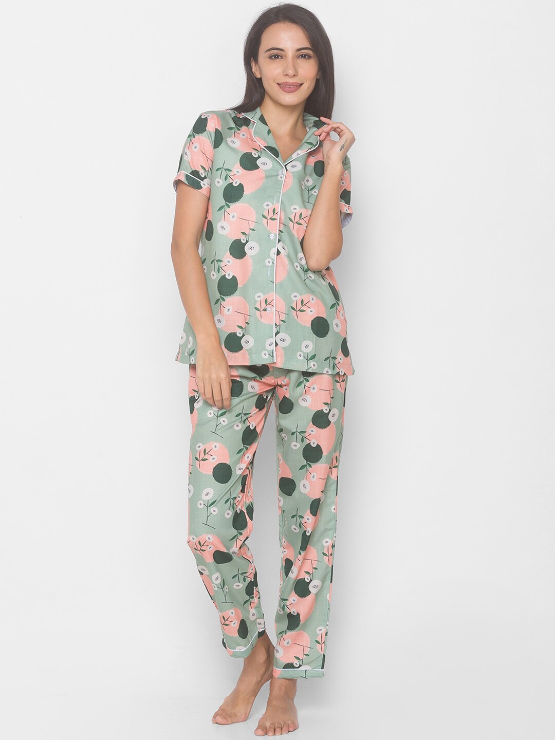 

FashionRack Women Green & Pink Printed Pure Cotton Night suit