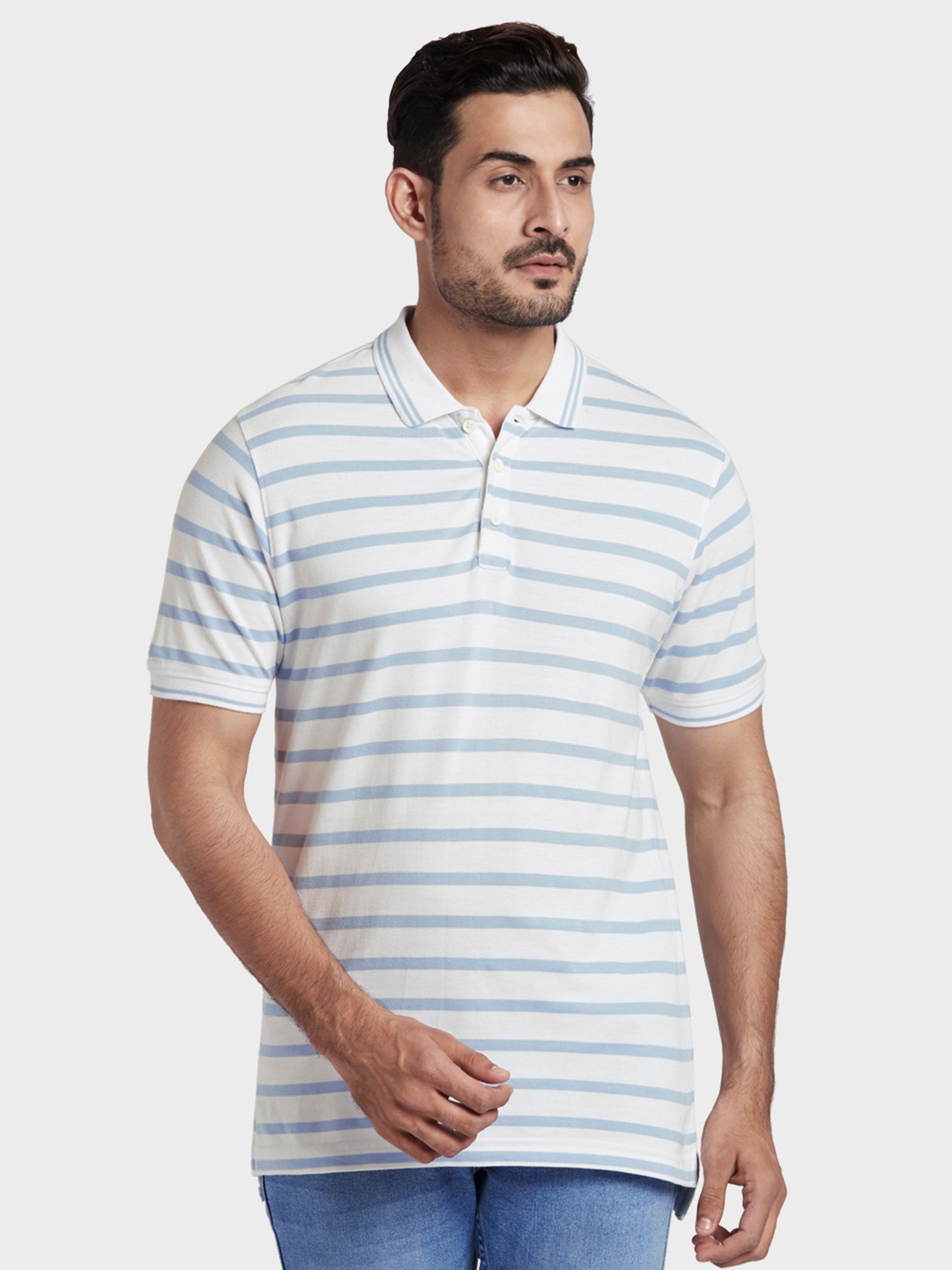 

ColorPlus Men White & Blue Striped Polo Collar Cotton Slim Fit T-shirt