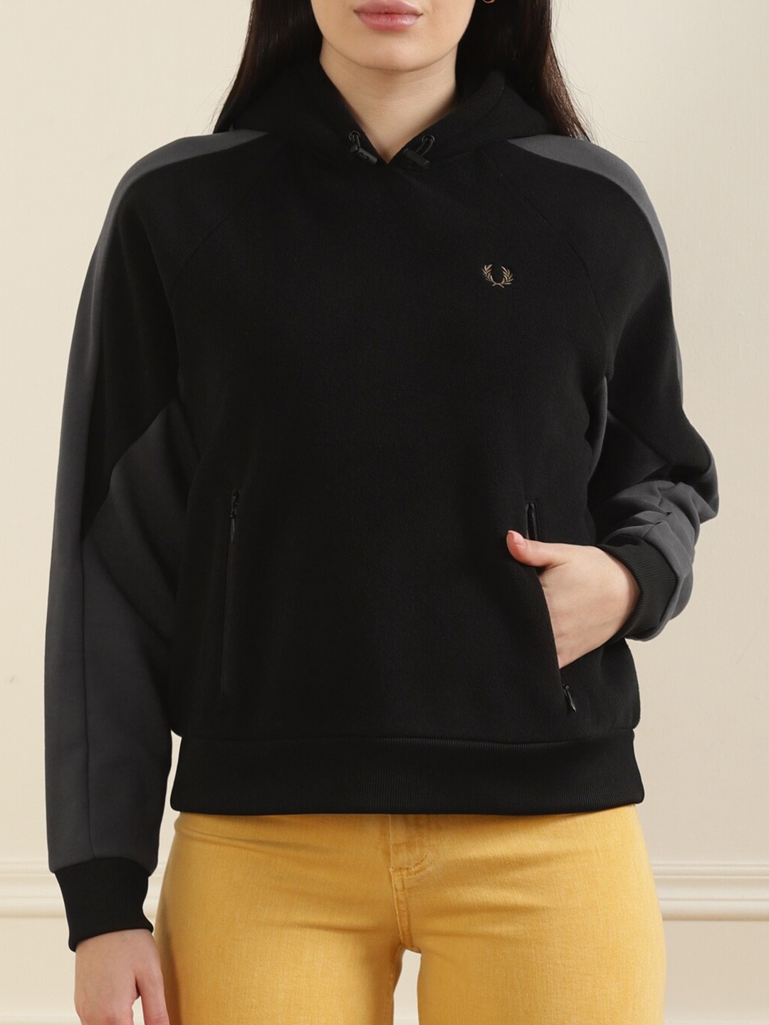 

Fred Perry Women Black & Grey Colourblocked Pure Cotton Hooded Sweatshirt