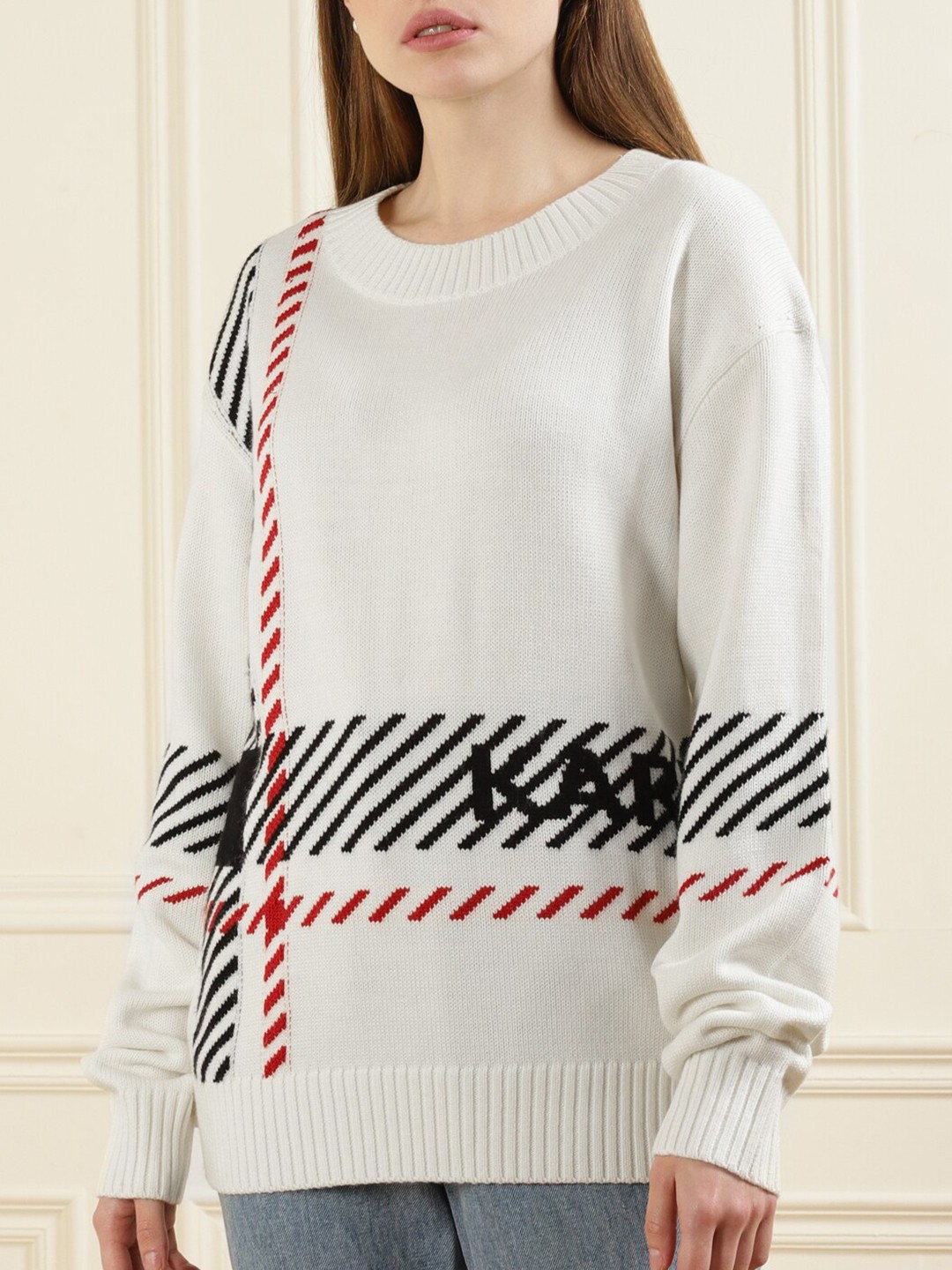 

LAGERFELD Women White Printed Round Neck Cotton Sweatshirt