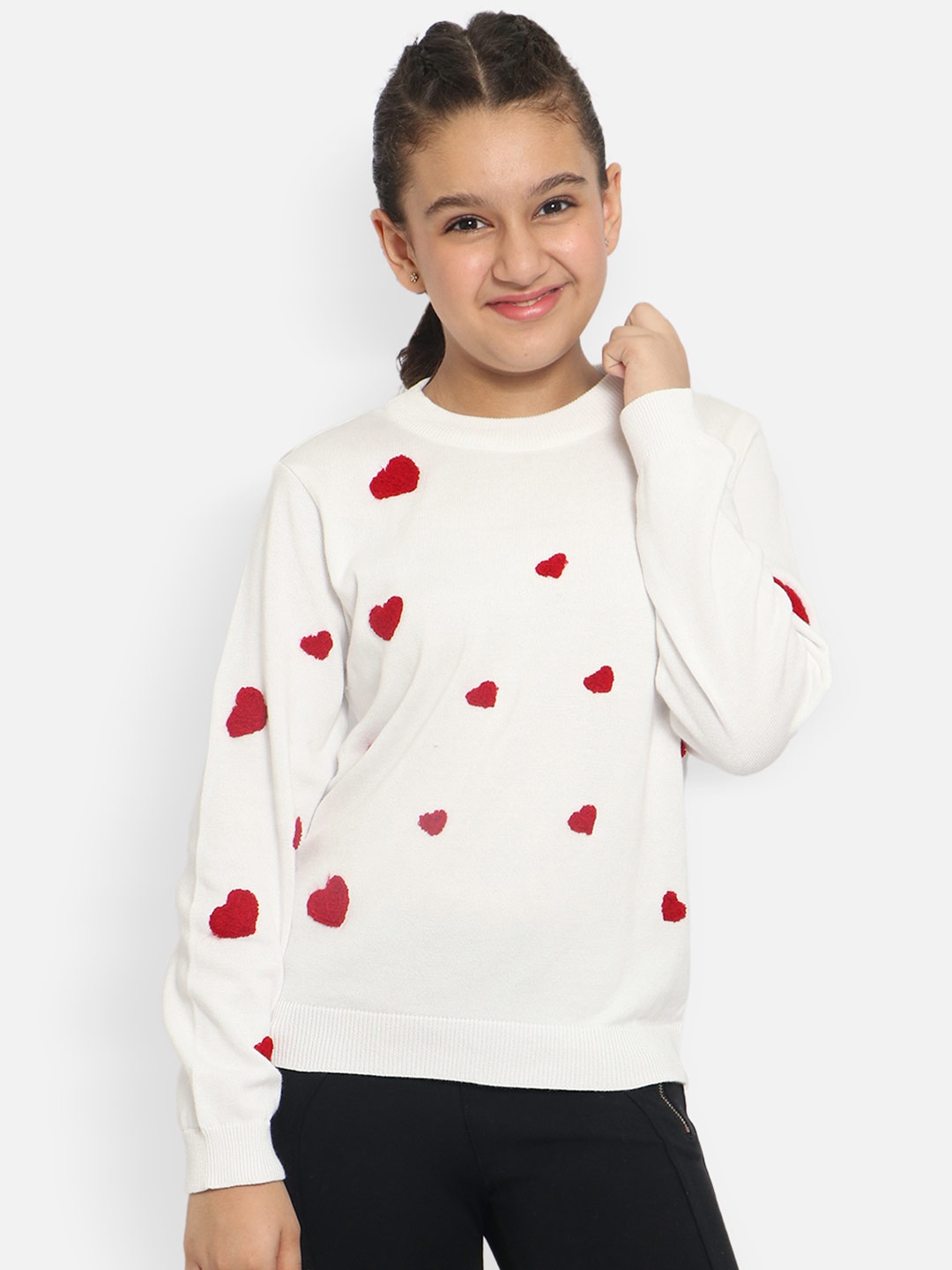 

Nauti Nati Girls White & Red Embroidered Pullover Sweater