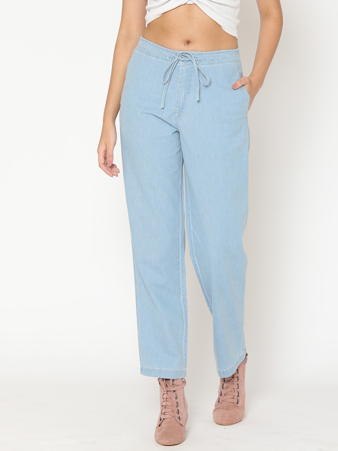 

SHAYE Women Blue Cotton Relaxed Straight Leg Denim Trousers