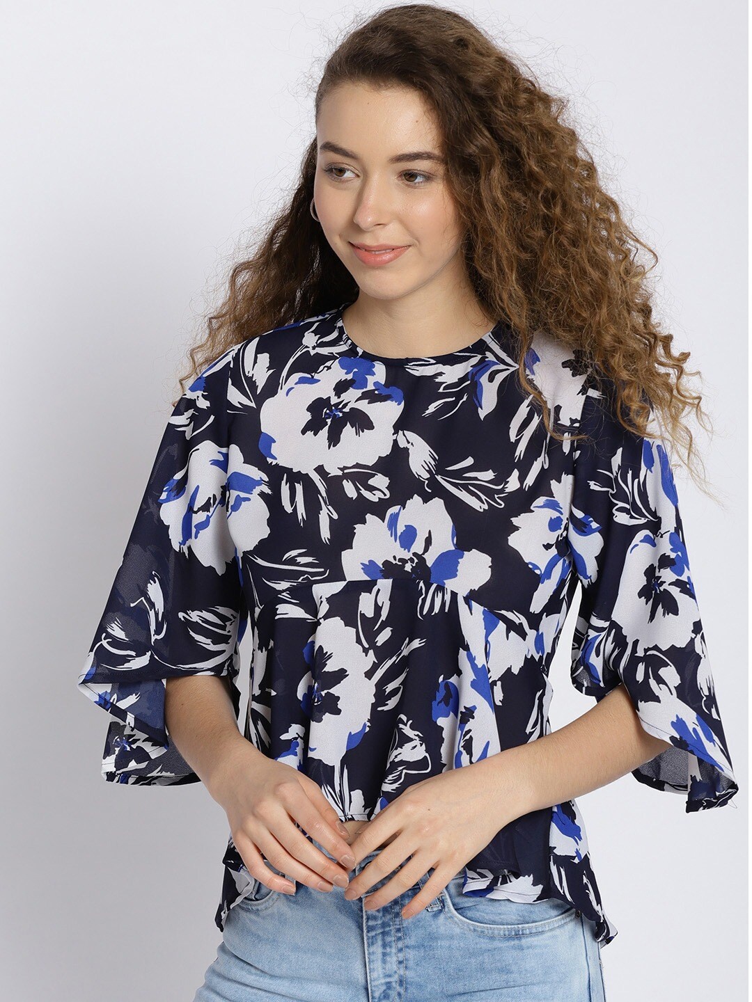 Sera Navy Women Blue & White Floral Printed Round Neck Empire Top, Navy blue