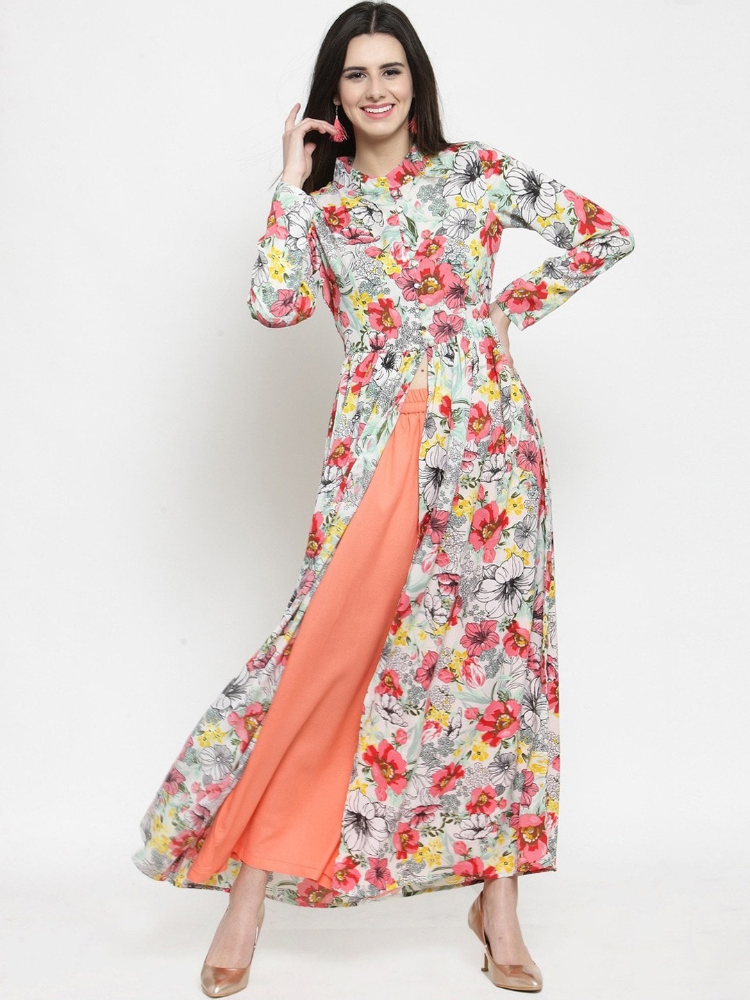 Sera Women Off White & Pink Floral Printed Anarkali Kurta