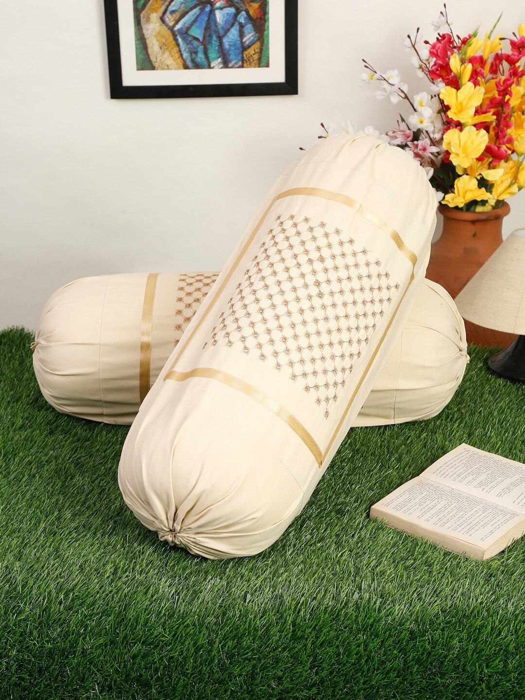 

HOSTA HOMES Set Of 2 Embroidered Pure Cotton Bolster Covers, Yellow