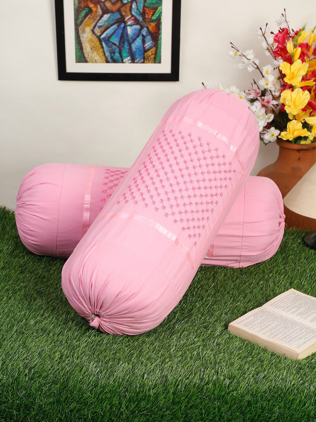 

HOSTA HOMES Set Of 2 Pink Embroidered Pure Cotton Bolster Covers