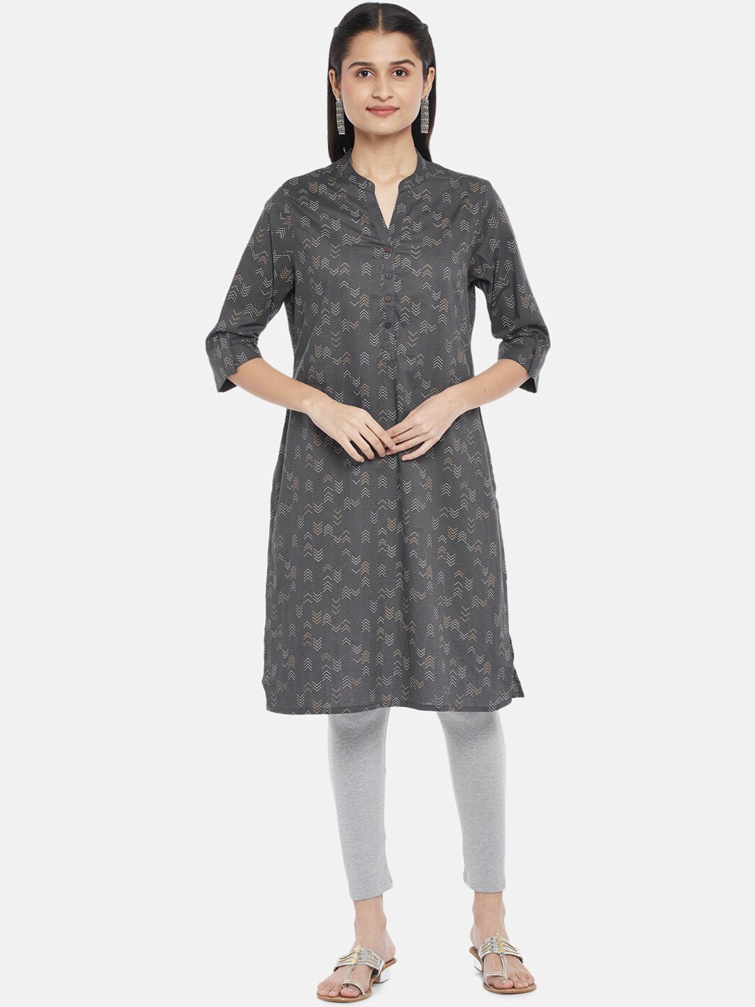 

RANGMANCH BY PANTALOONS Women Grey & White Geometric Cotton Straight Kurta