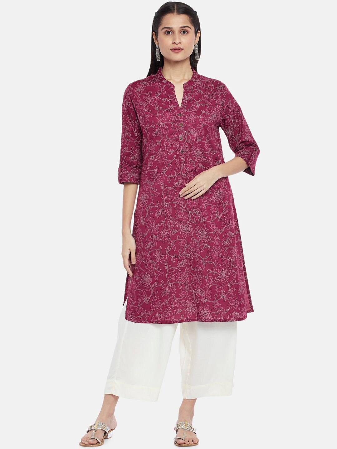 

RANGMANCH BY PANTALOONS Women Maroon Floral Printed Pure Cotton Relaxed Fit Kurta