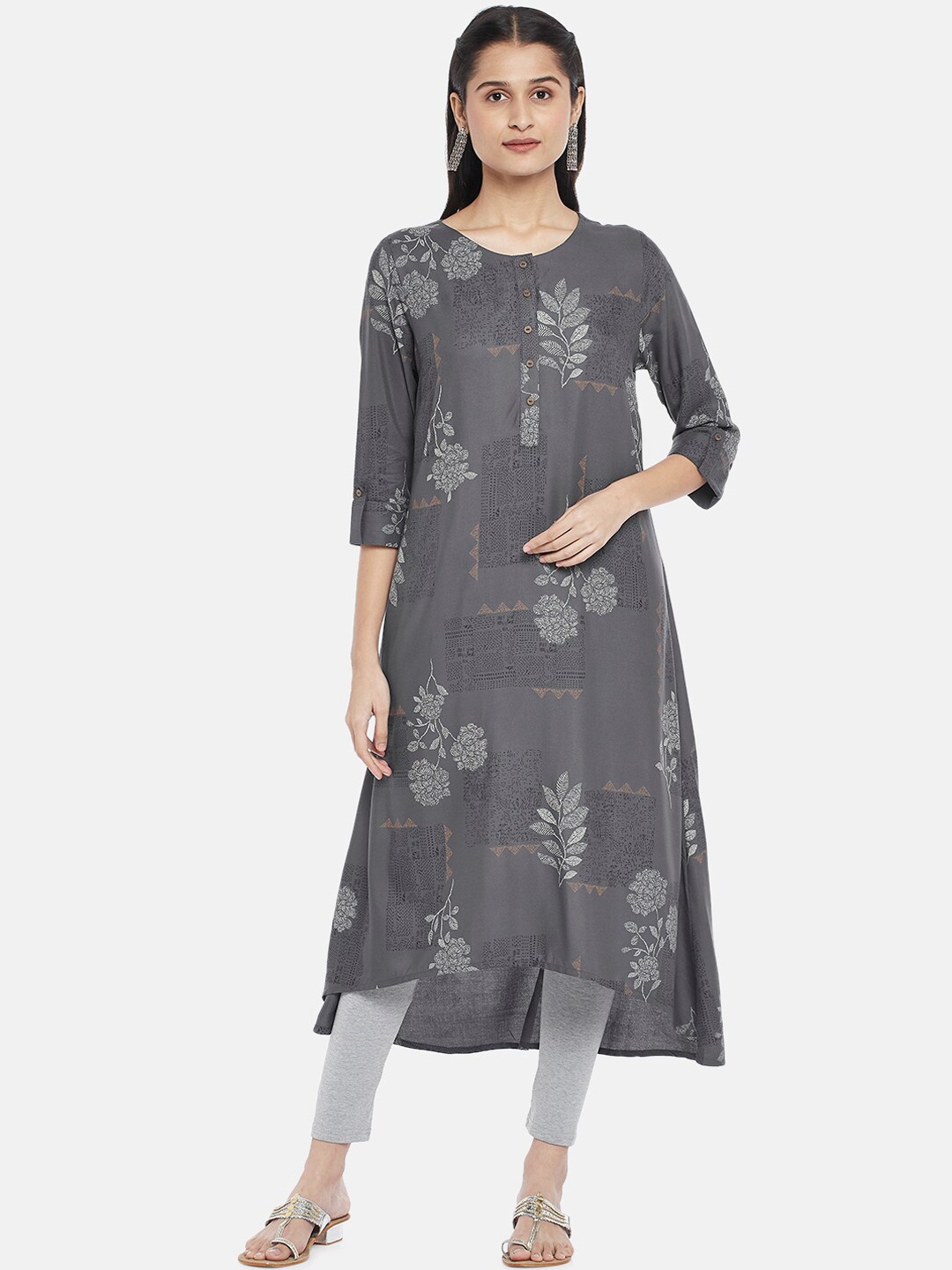 

RANGMANCH BY PANTALOONS Women Charcoal Grey Floral Printed Kurta