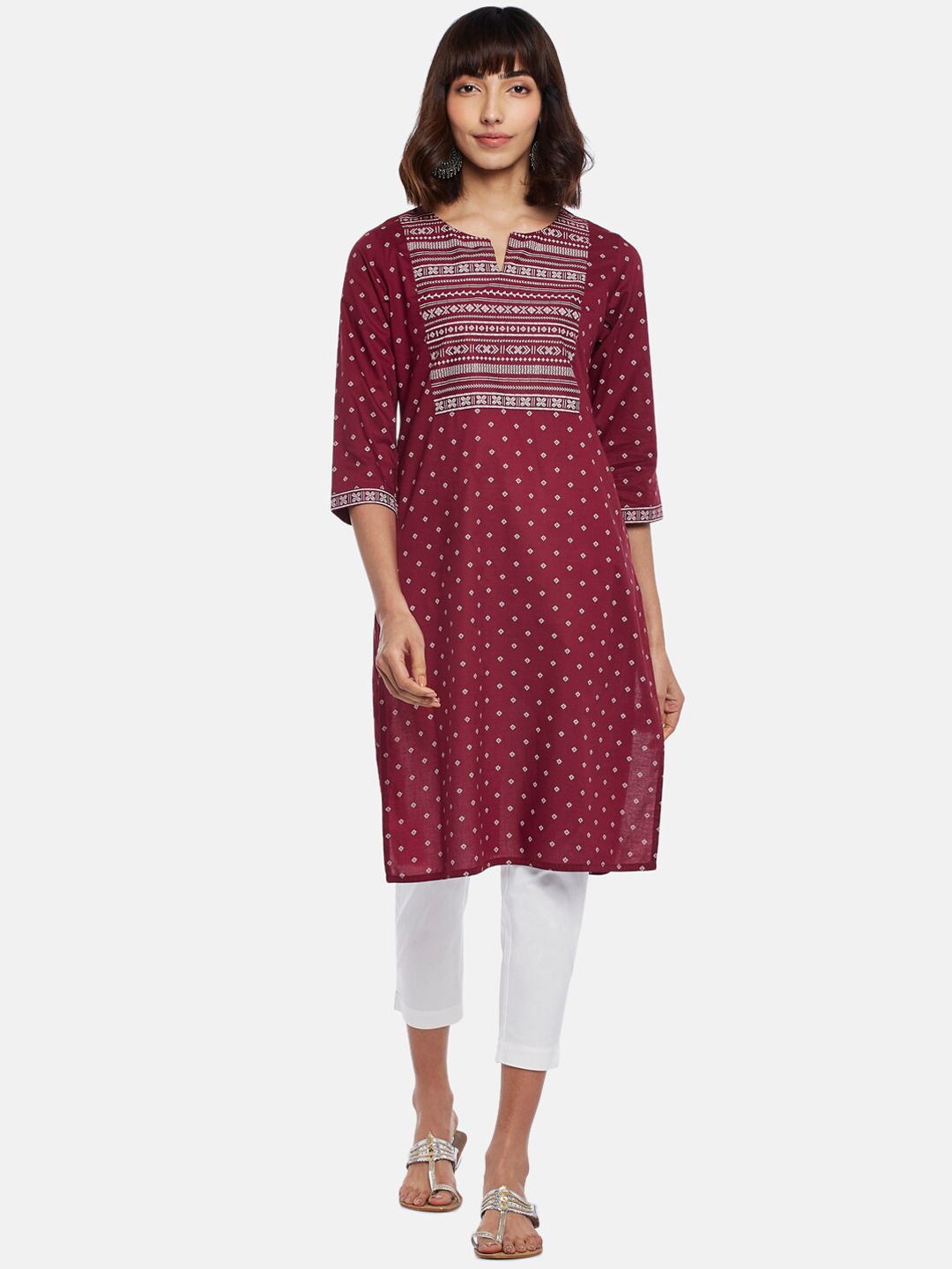 

RANGMANCH BY PANTALOONS Women Burgundy Ethnic Motifs Printed Thread Work Kurta