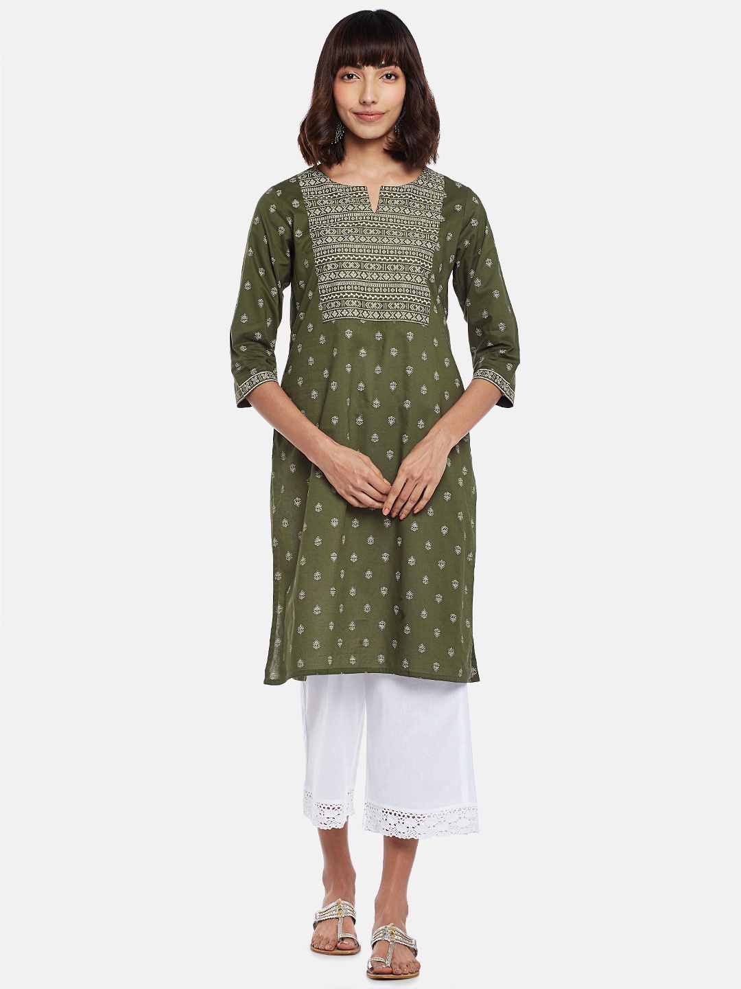 

RANGMANCH BY PANTALOONS Women Olive Green Ethnic Motifs Printed Keyhole Neck Kurta