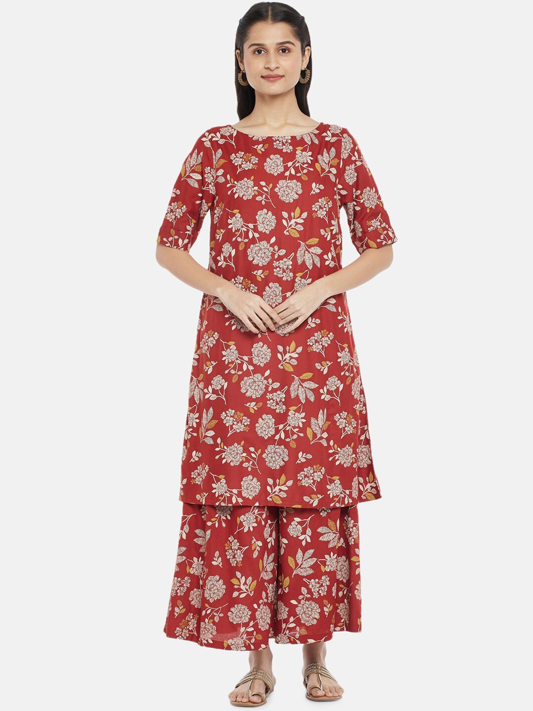 

RANGMANCH BY PANTALOONS Women Maroon & White Floral Printed Straight Kurta