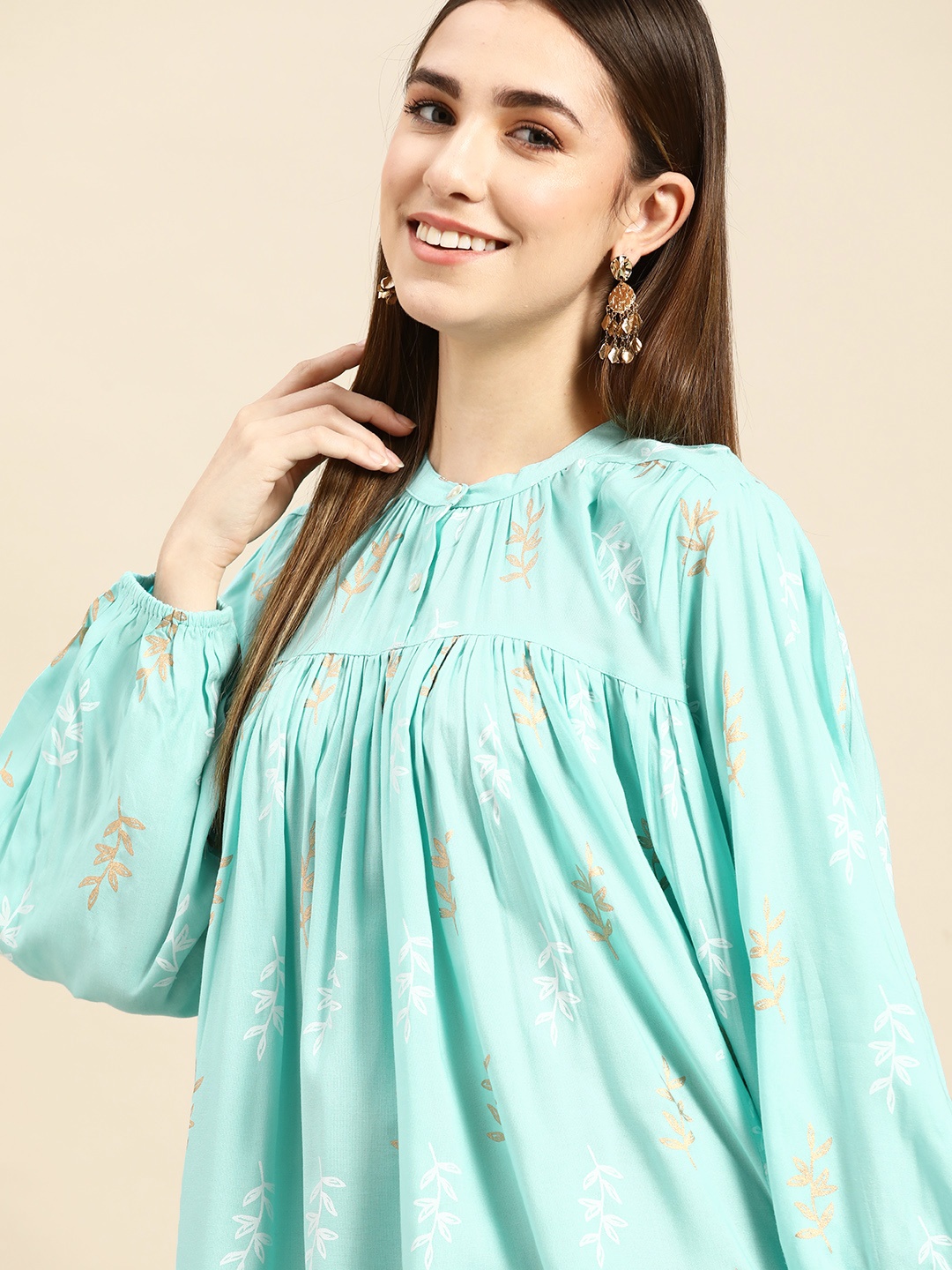

Anouk Women Blue Enthnic Motifs Printed A-Line Top