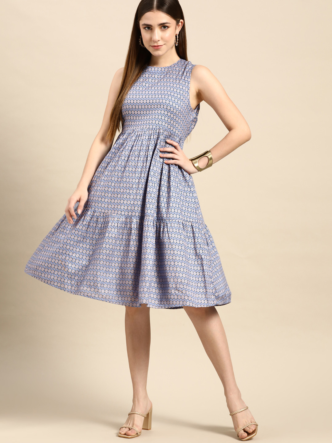 

Anouk Women Blue & Golden Geometric Printed Cut-Out Tiered A-Line Dress