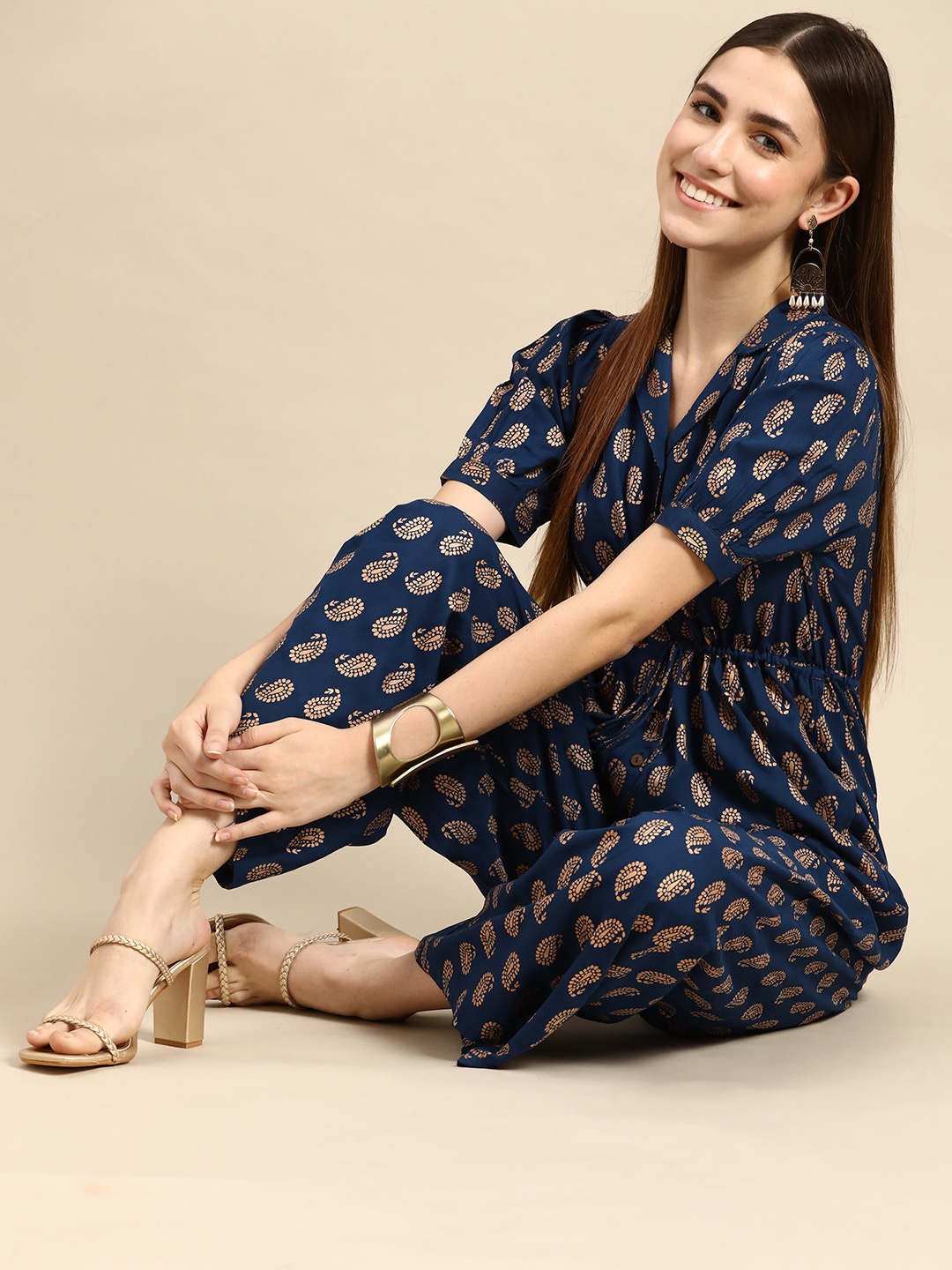 Anouk Women Navy Blue & Golden Ethnic Motifs Printed Basic Jumpsuit