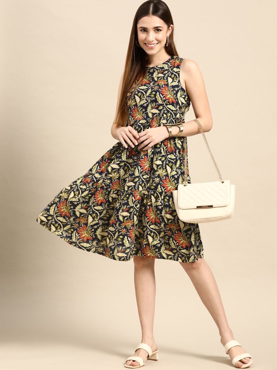 

Anouk Women Navy Blue & Green Floral Printed Cut-Out Tiered A-Line Dress