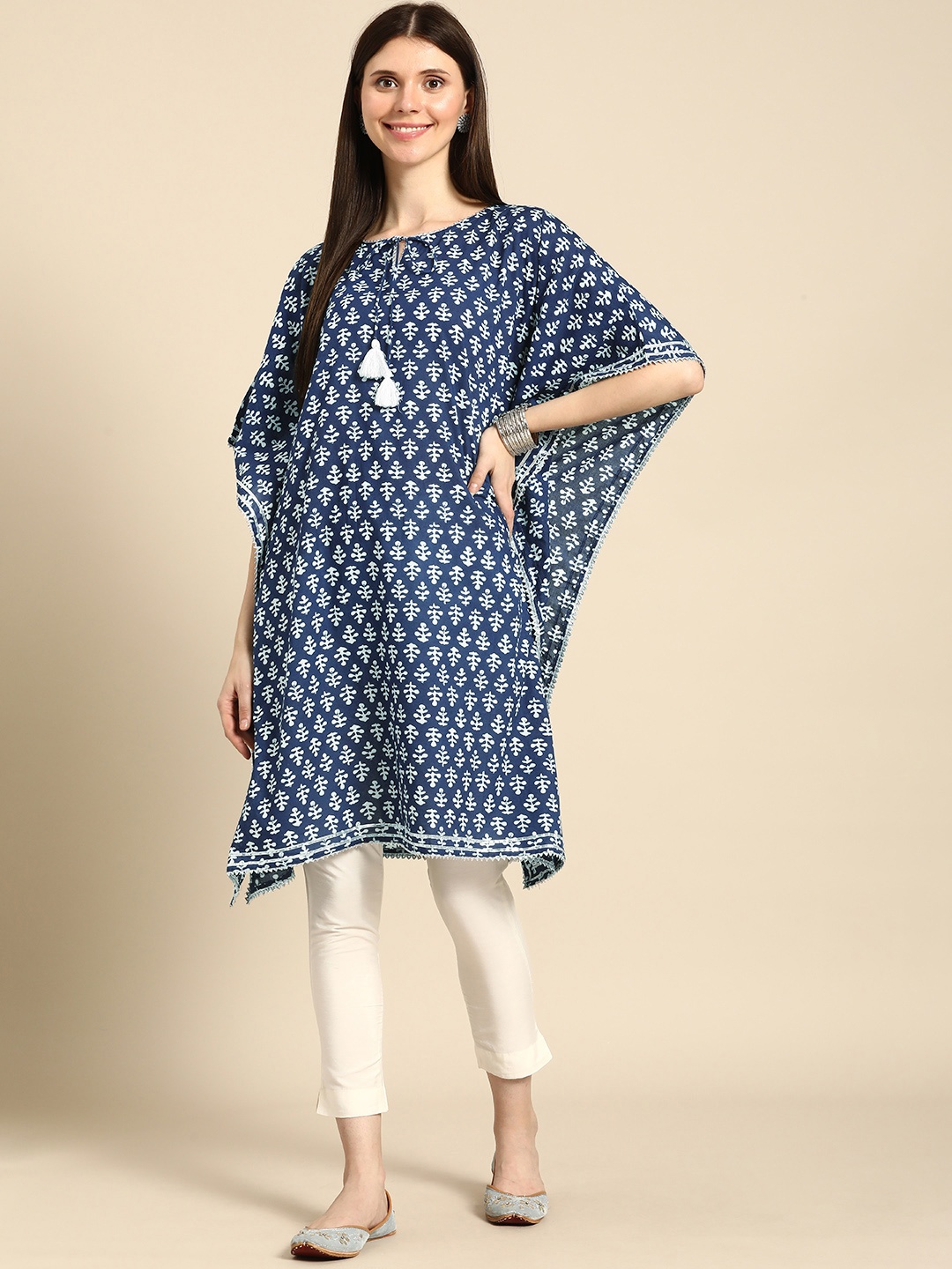 

Anouk Women Dark Blue & White Ethnic Motifs Printed Pure Cotton Kaftan Kurta