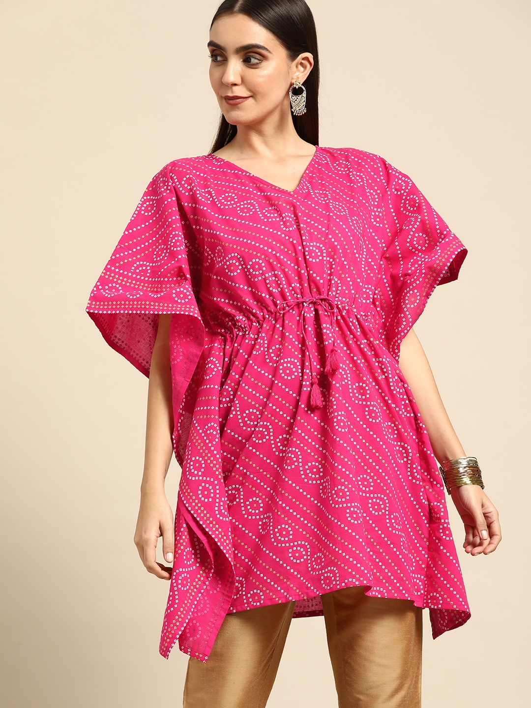 

Anouk Women Pink & White Pure Cotton Bandhani Print Flared Sleeves Kaftan Kurta