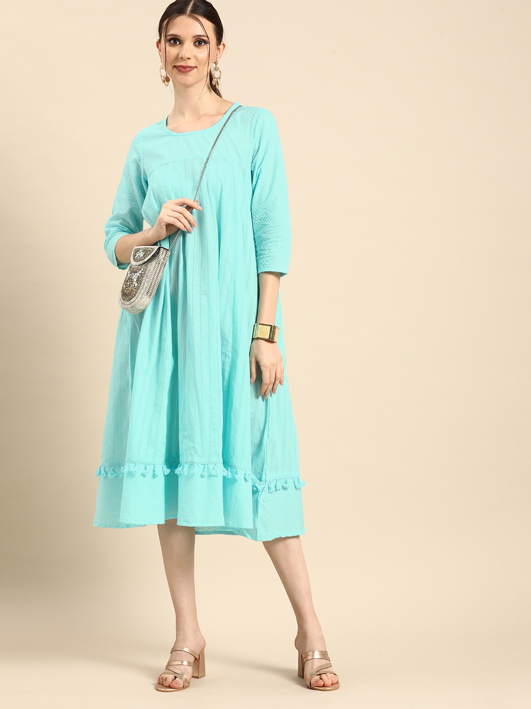 

Anouk Women Blue Embroidered A-Line Pure Cotton Dress