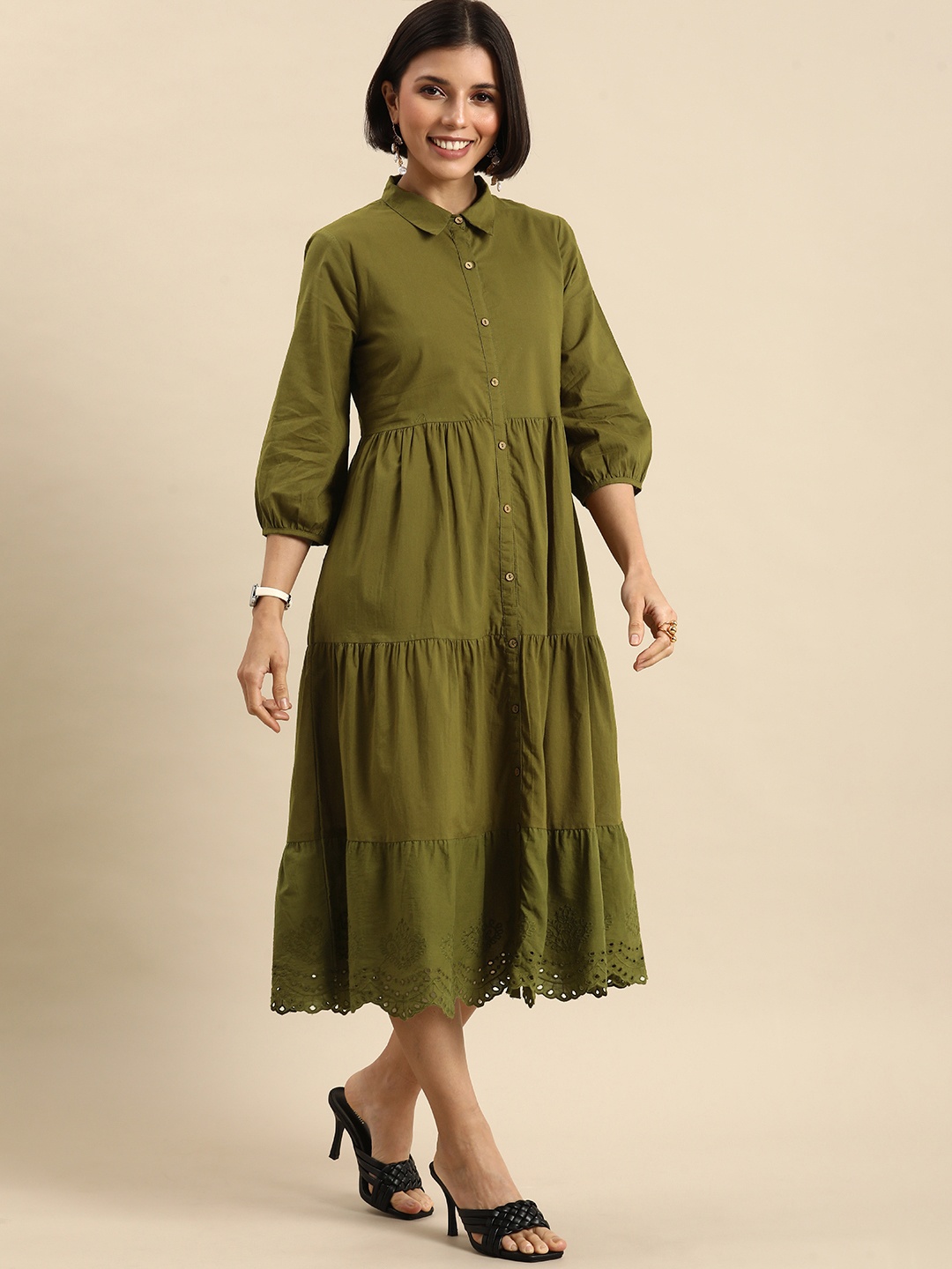 

Anouk Women Olive Green Tiered A-Line Midi Dress